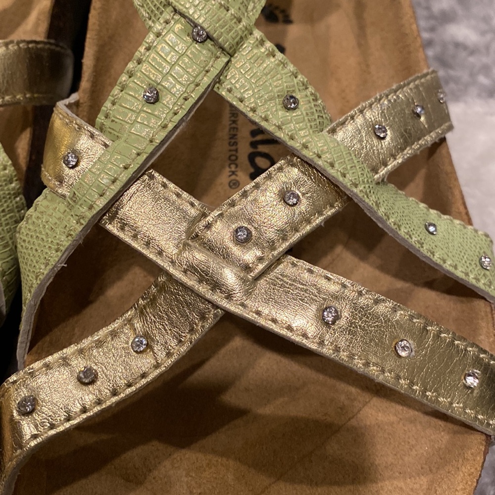 NWT Betula Birkenstock Sandals Cork Green Cross Strap Rhinestones size 42 - Picture 3 of 10